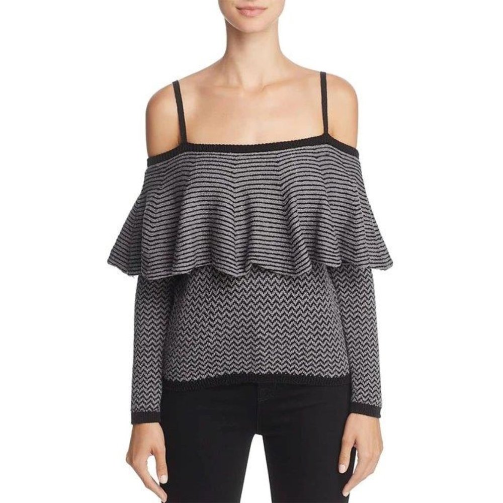 NWT BB DAKOTA DEBNEY COLD SHOULDER RUFFLED POPOVER CHEVRON SWEATER  M